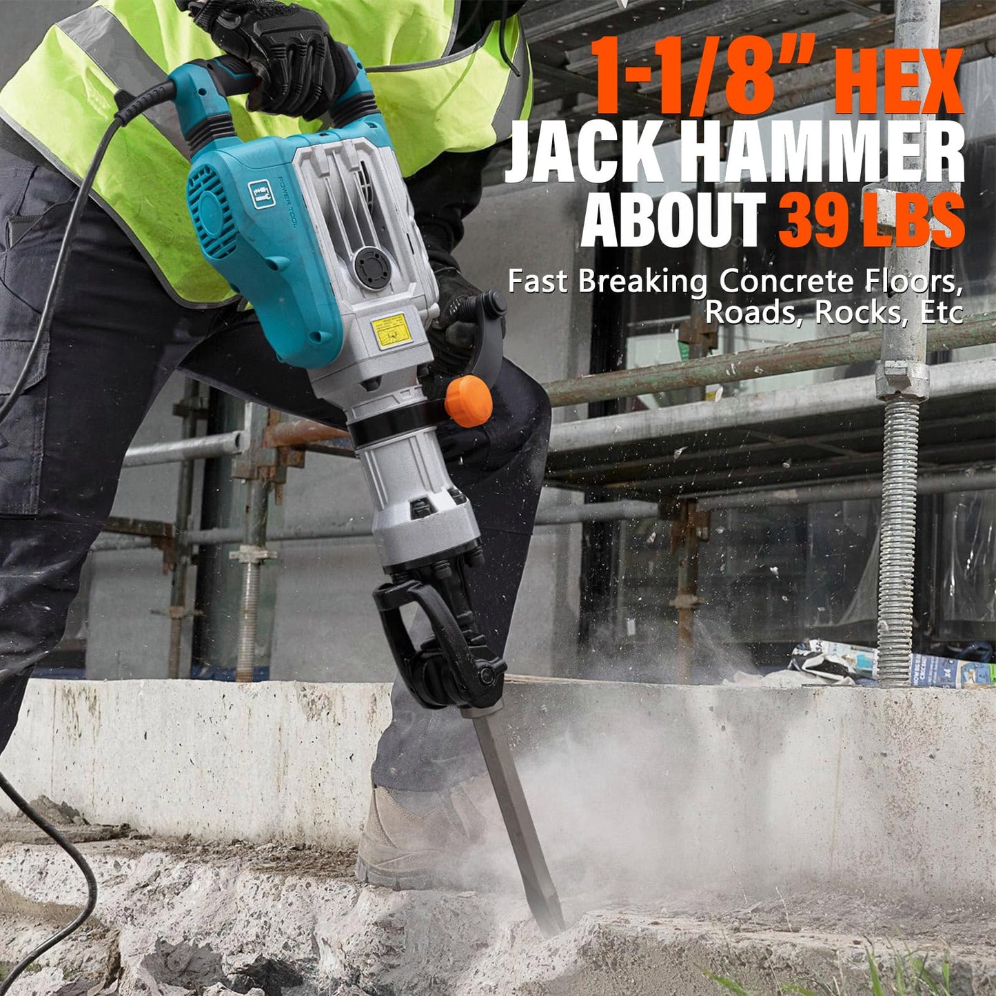 Berserker 1700W 40-Pound Demolition Jack Hammer with 1-1/8" Hex, 14.5-Amp Corded Electric Heavy Duty Demo Chipping Hammer Concrete/Pavement Breaker with Carrying Case Flat Chisel Bull Point Chisel
