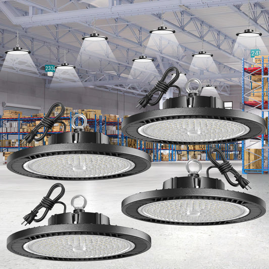 Gugsey Led High Bay Lights 200W - 28000lm 5000K Super Bright Waterproof Led Shop Lights with Plug 5' Cable and Hook Ring, Garage Light for Factory Gym Warehouse Workshop（4 Pack）