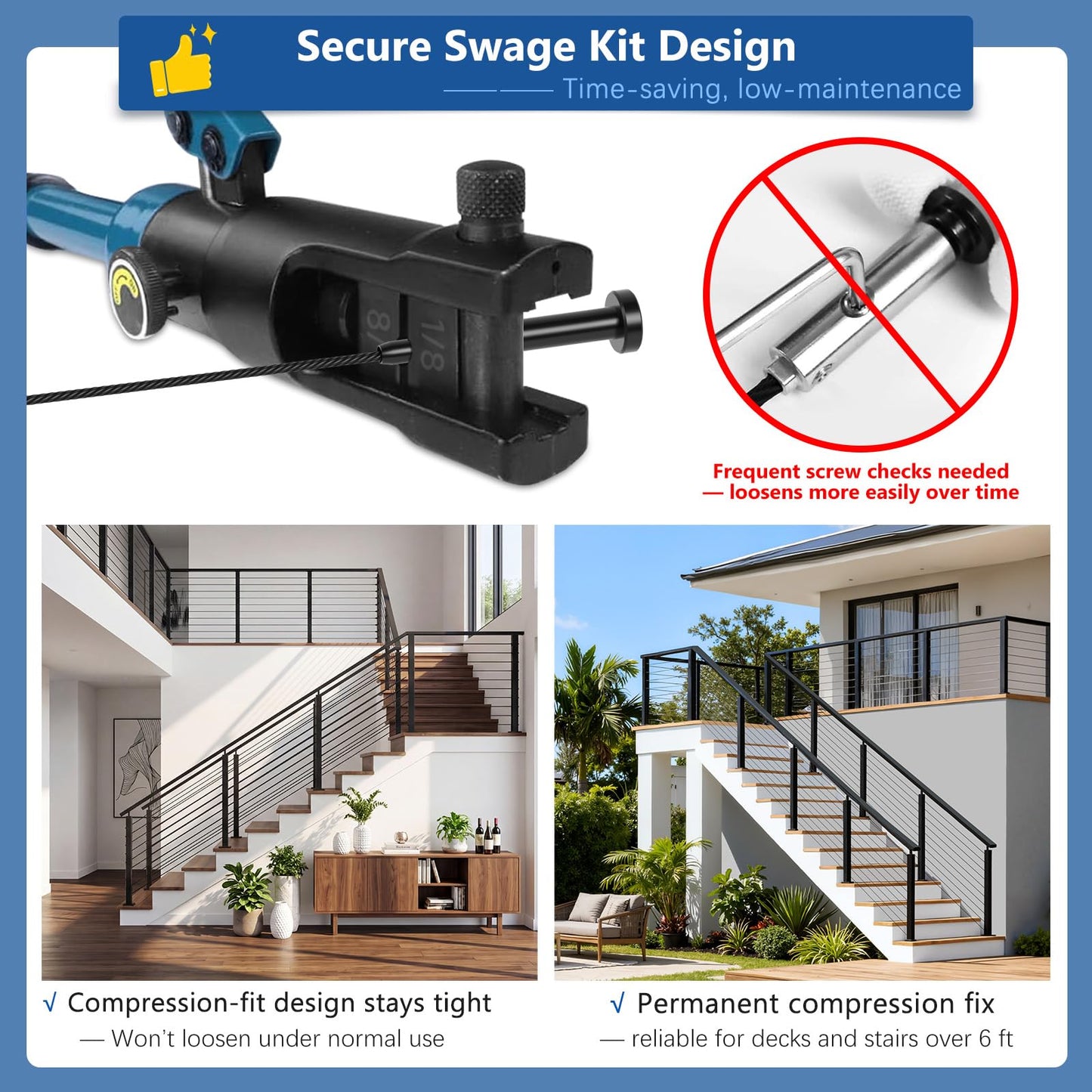 Zylorix 4ft-8ft Complete Set 36" Cable Railing System 33° Drilled with Cuttable Handrail, Modular Black T304 Stainless Steel Angled Stair Cable Railing Posts Kit for 28-38° Wood Concrete Stair