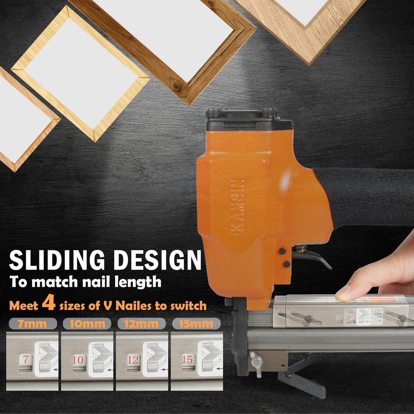 KAMSIN V1015 30 Gauge Pneumatic Picture Frame Nailer with 4,000 PCS 9/32"(7mm) Leg Length Usually used in picture frames, frame joining,wood corner joining, etc
