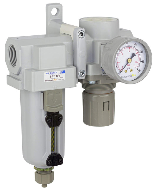 PneumaticPlus SAU420-N06G-MEP Compressed Air Filter Regulator Combo 3/4" NPT - Metal Bowl, Manual Drain, Bracket, Gauge