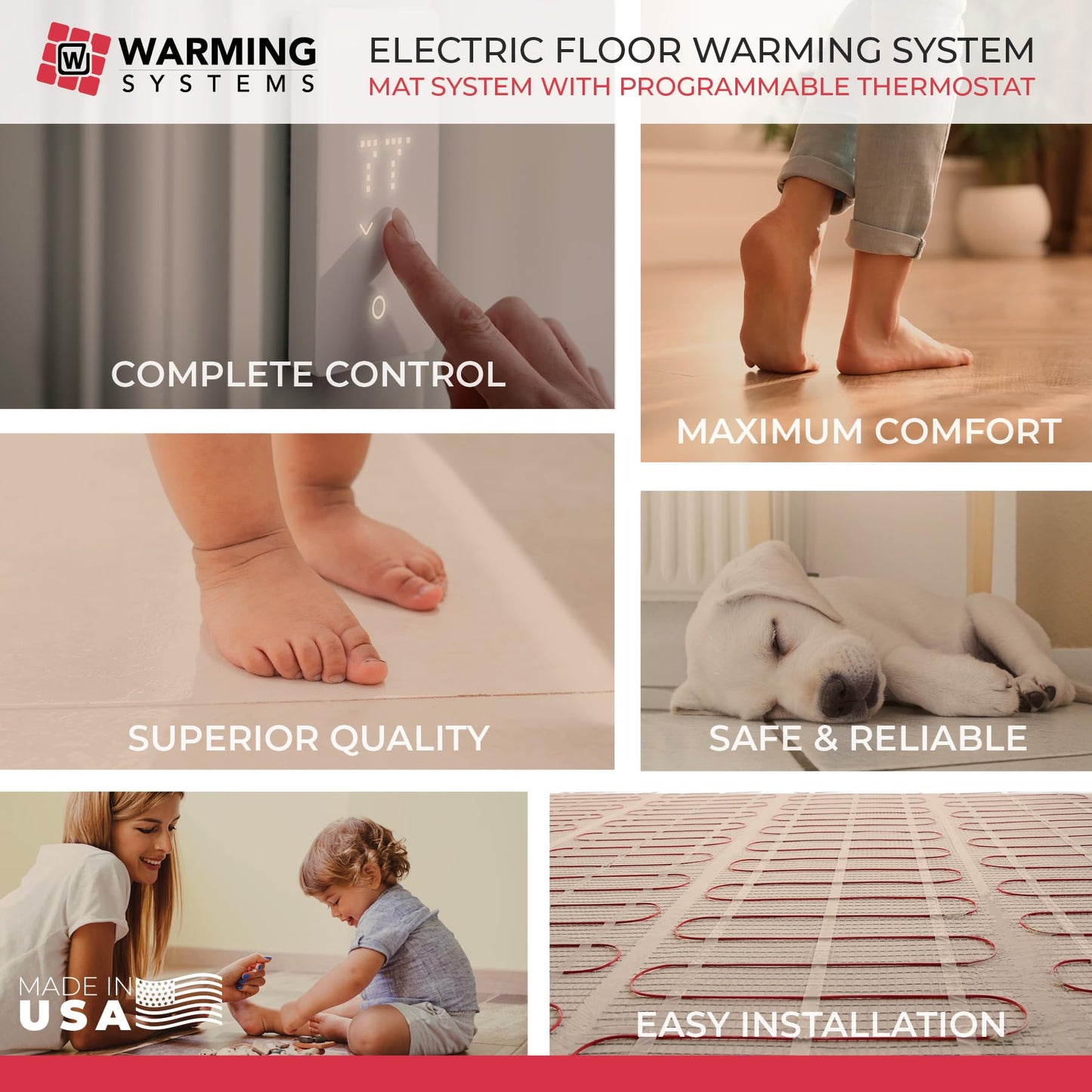 Warming Systems 50 Sqft Electric Radiant Floor Heating Mat – 120V Heated Tile Floor System with Programmable Thermostat (TH115), Floor Sensor, Installation Monitor & 25 Year Warranty, USA Made