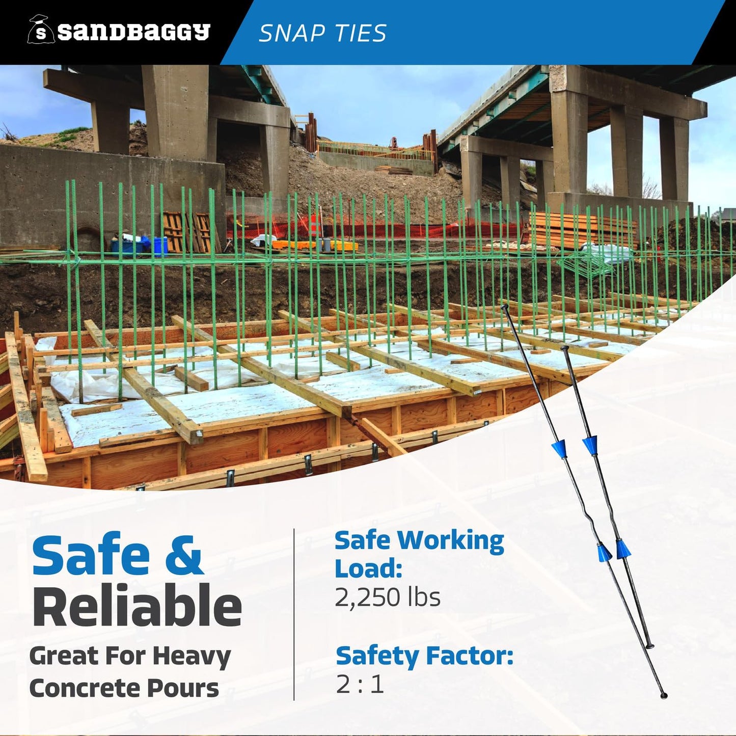 8" Standard Snap Ties for Concrete Forms - 1" Plastic Cones, Integral Heads - 2:1 Safety Factor, 2,250 lbs Working Load - 4 Gauge Steel (Short End - 4.75", 200) - 1 Year Warranty