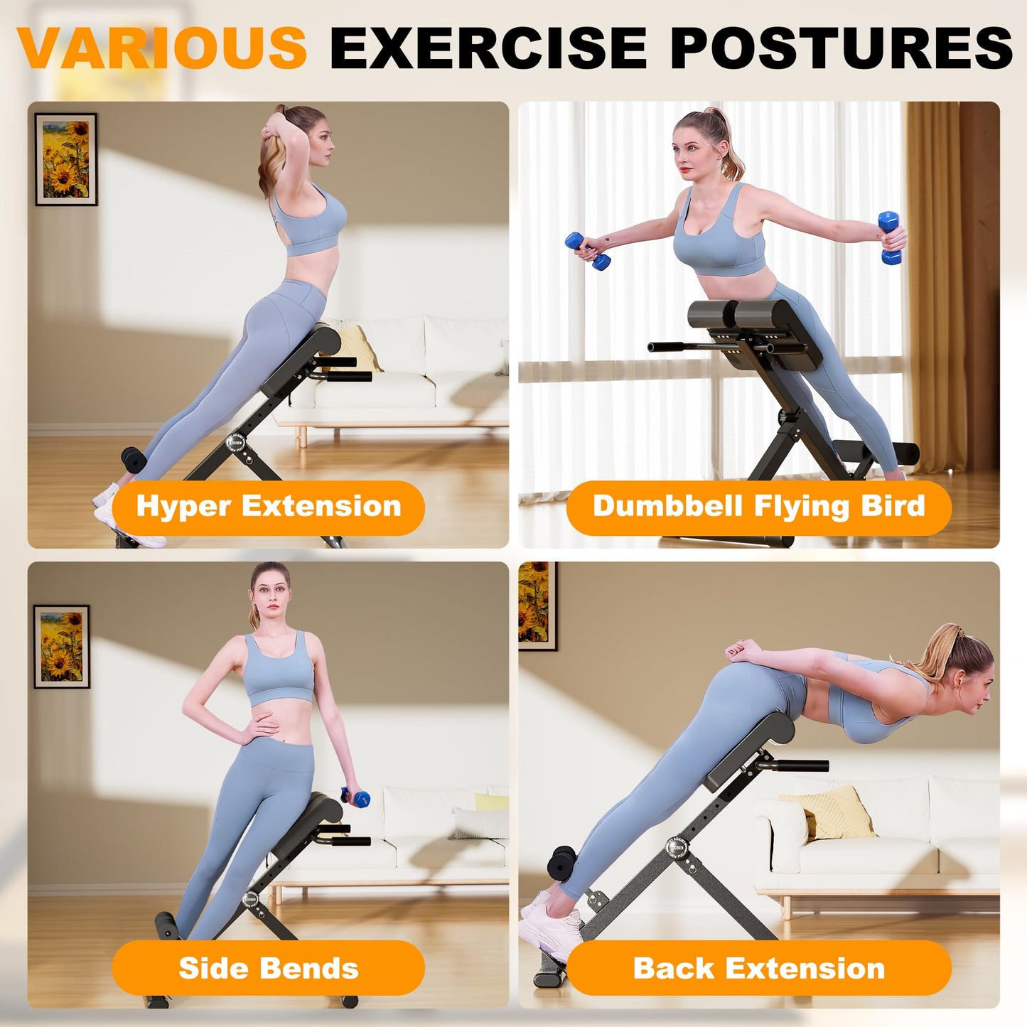 SIRHOME Adjustable Roman Chair with 330 lb Capacity, Foldable Incline Hyperextension Bench, Multi-Function Home Gym Back Extension Machine for Glutes, Hamstrings & Lower Back Strength Training