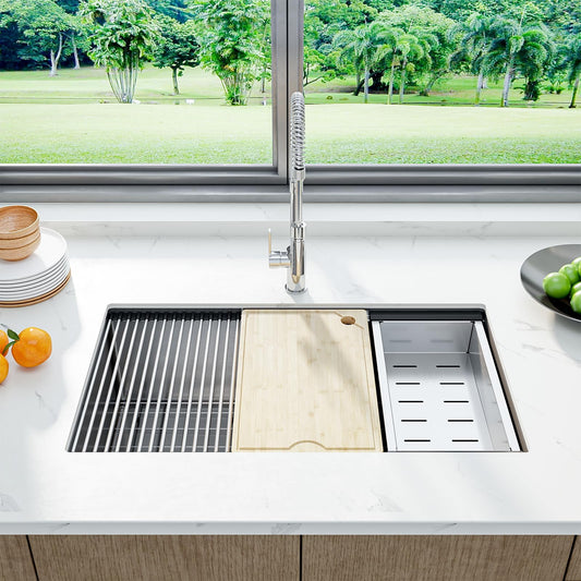 GarveeHome Kitchen Sink - 33 in Single Bowl Stainless Steel Undermount Sink, 16 Gauge Commercial Grade with Easy Drain System & Brushed Nickel Finish