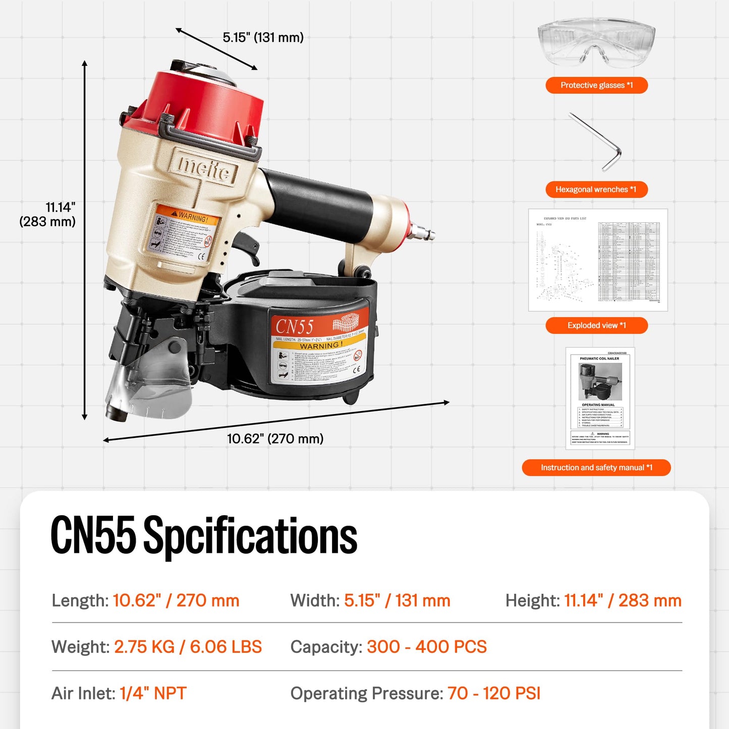 meite CN55 Coil Nailer Pneumatic Nail Gun 15 degree 1" to 2-1/4" Coil Nails, Heavy Duty Air Coil Nailer with Coil Nail Magazine 300PCS for Hardwood Projects Pallets Framing Sheathing