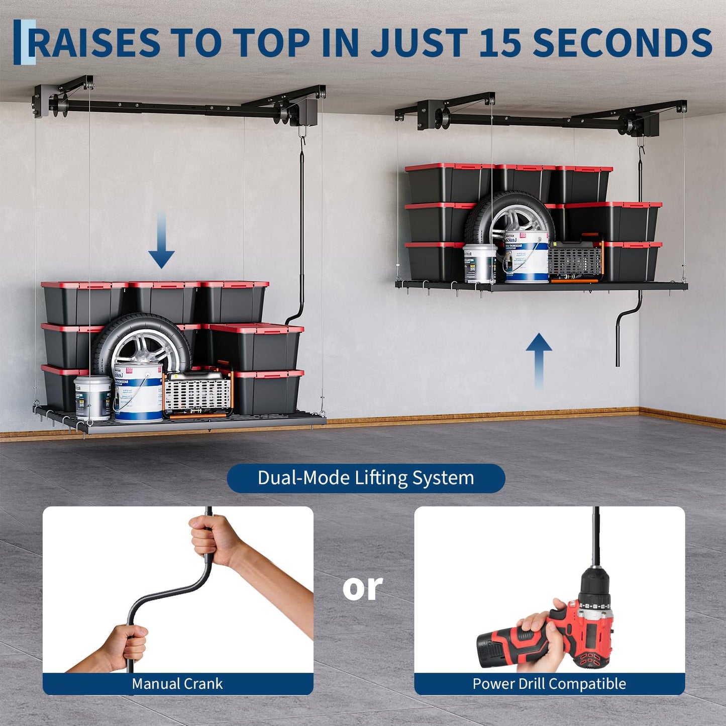 Heavy Duty Ceiling Storage Lift Adjustable 4x4 ft with Dual Safety Lock, 350 Lb Capacity Steel Ceiling Mounted Storage Racks for Garage Ceiling Organization and Overhead Storage, Ideal for Plastic Bin