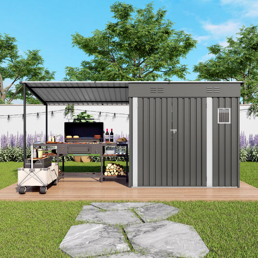 Praxatek 2-in-1 Metal Outdoor Storage Shed with Hardtop Pergola, 4x12 Ft, Gray, Sloped Roof, for Backyard, Patio, Garden