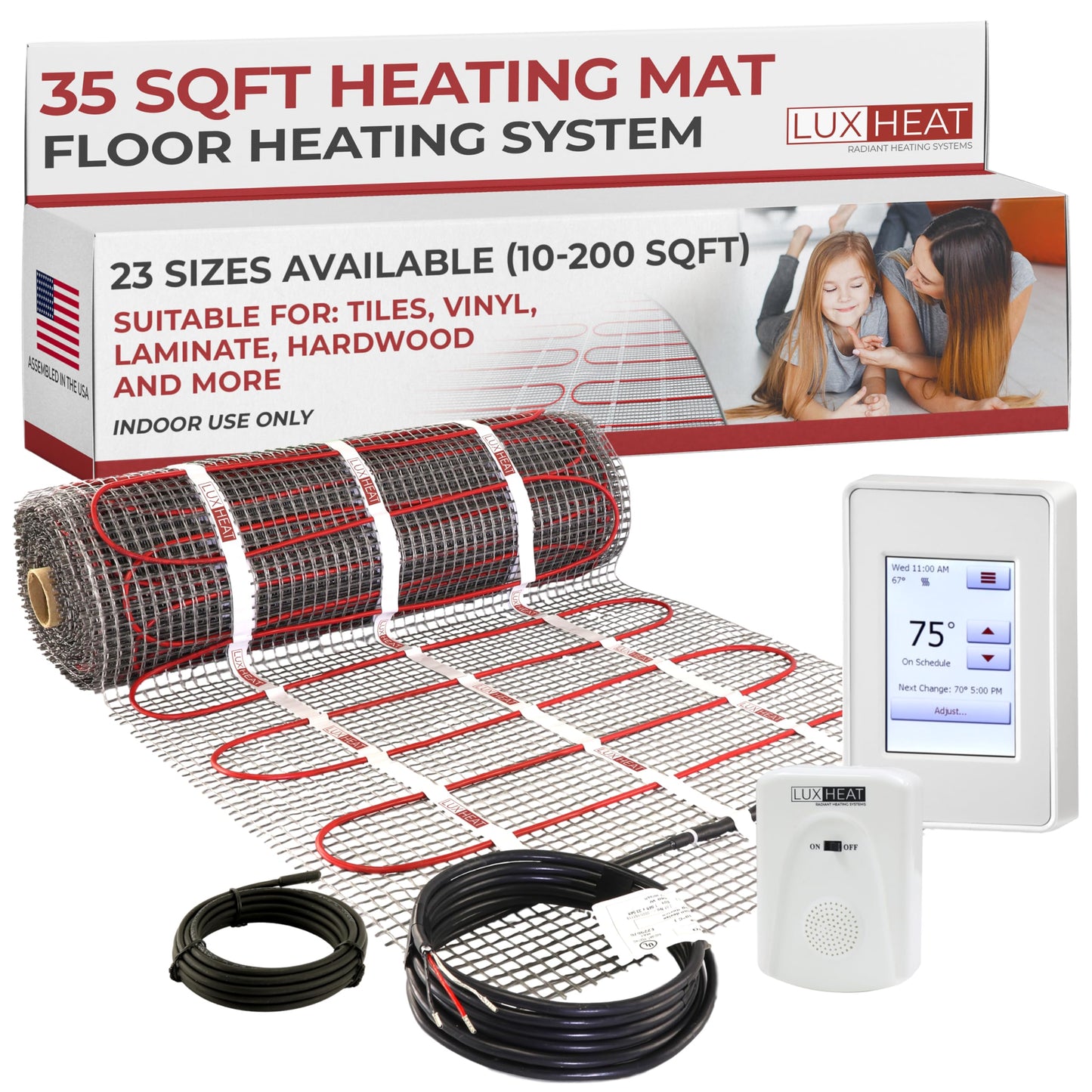LuxHeat 35sqft Floor Heating Mat Kit - 120v Heated Tile Floor Kit - Complete Electric Radiant Heated Flooring System Includes Alarm, UDG4 Touchscreen Programmable Thermostat w/GFCI & Flooring Sensor
