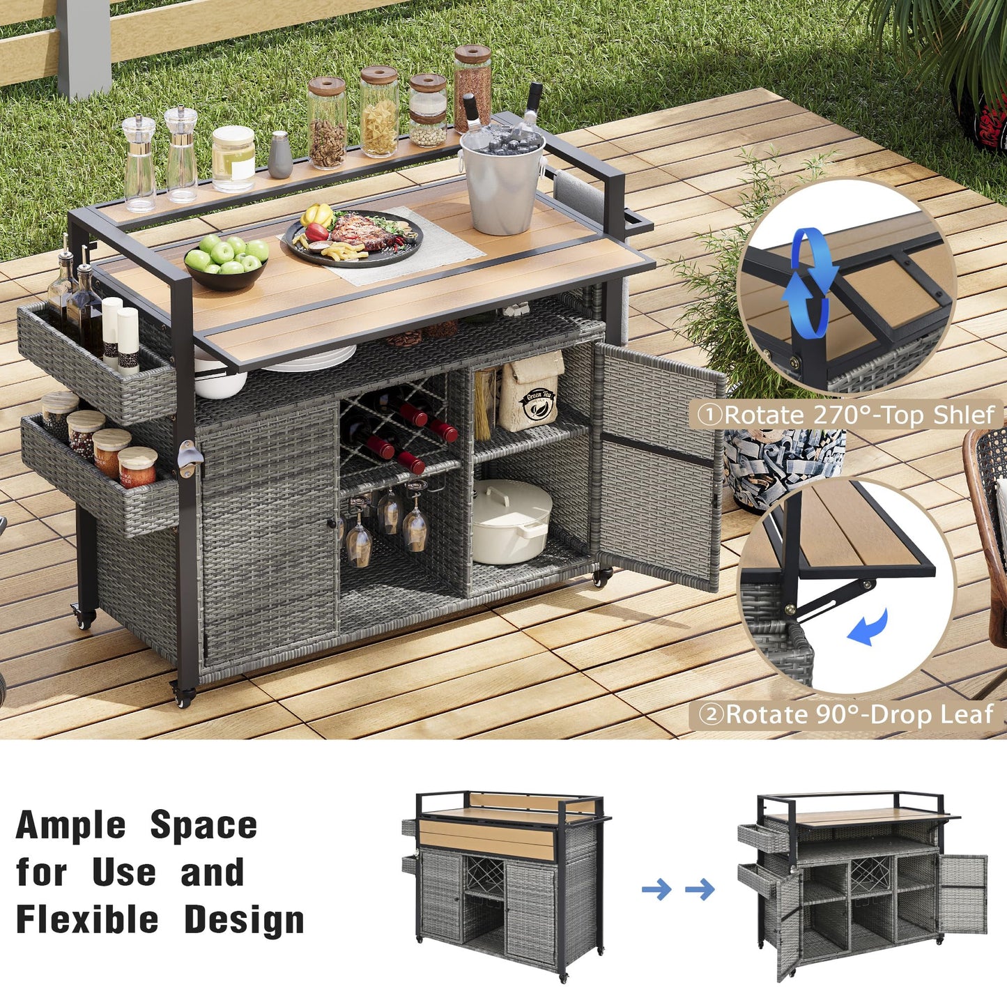 Trygoal Outdoor Grill Cart BBQ Prep Station, Double Tabletop Rolling Wicker Kitchen Island with 7 Adjustable Shelves & Wine Rack, Weather-Resistant Storage Cabinet for Patio Backyard Garden, Gray