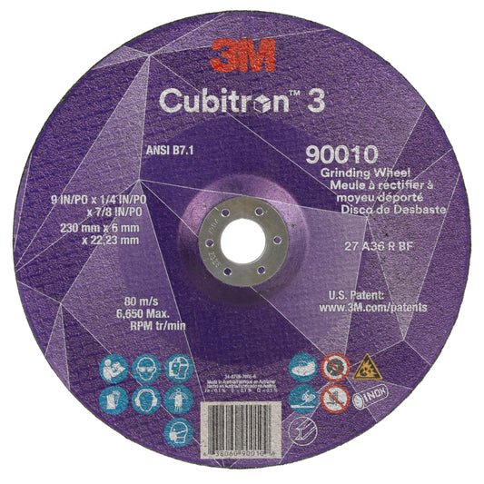 3M Cubitron 3 Depressed Center Grinding Wheel, 90010, 36+, T27, 9 in x 1/4 in x 7/8 in, Pack of 10, ANSI, Precision Shaped Grain, Beveling, Weld Grinding, Heavy Deburring, Slag Removal