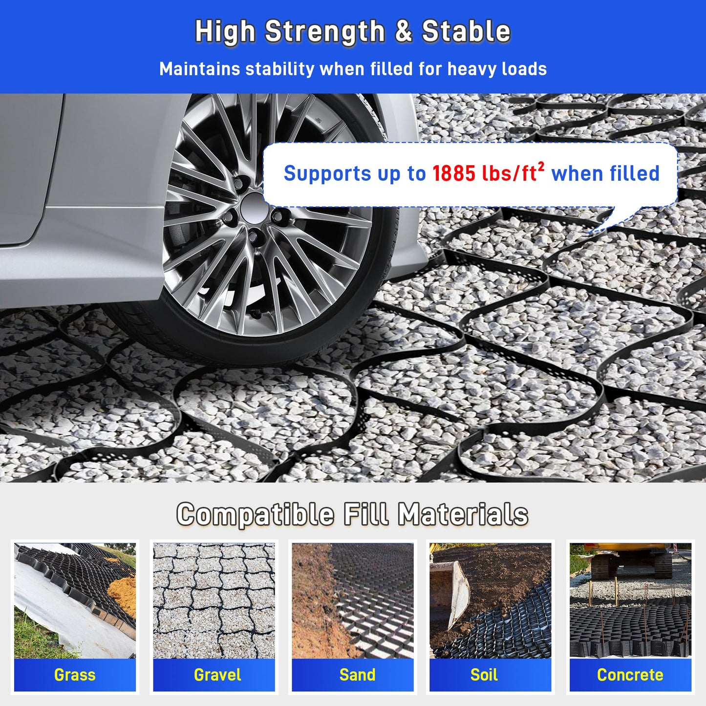 Geo Ground Grid 49.5x6.5 FT, 4" Depth Gravel Driveway Grid 1885 lbs per Sq Ft Load, Geogrid Gravel Retainer with Connectors and Stakes for DIY Patio Walkway Slope Grass Pathway Shed Base & Parking Lot