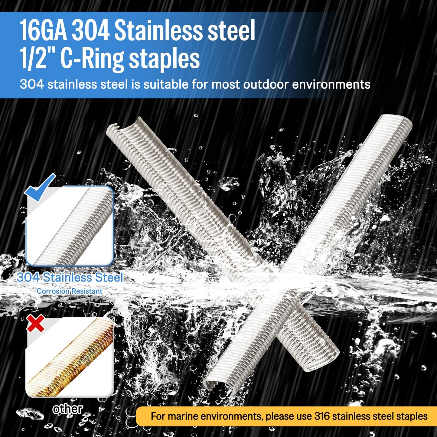 meite 16 Gauge 1/2" Hog Rings, 304 Stainless Steel Hog Ring Staples for SC760C Hog Ring Stapler, C Ring Staples for Outdoor Pet Cages, Coastal Fencing, Marine Netting (18,000 Counts)