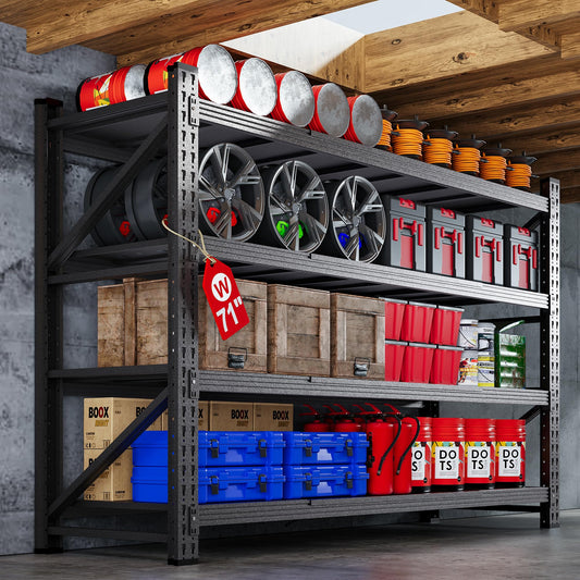 71”W Garage Shelving Units, 5000LBS Storage Shelves Heavy Duty, 24" Deep Metal Shelving Rack, 4 Tier Large Tall Industrial Shelving , Adjustable Standing Shelf for Warehouse / Shop 71"W x 24"D x 70"H