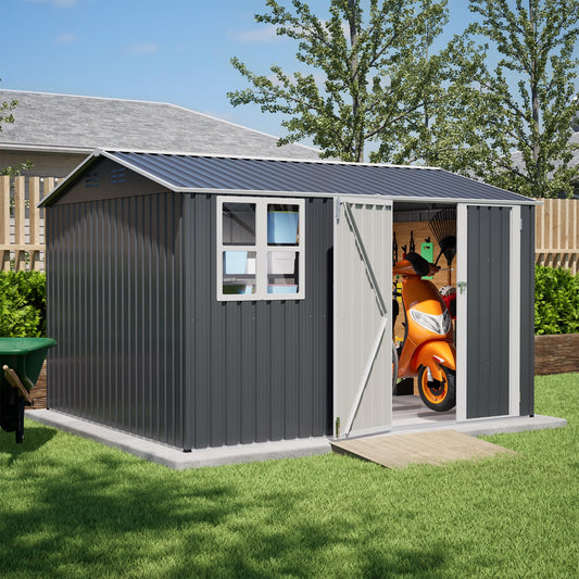 10'x8' Galvanized Steel Storage Shed with Raised Floor Base, Side Window & Top Vents, Lockable Double French Door Outdoor Garden Tool Shed, Gray