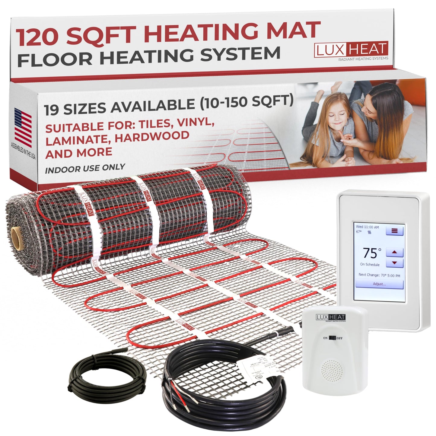 LuxHeat 120sqft Floor Heating Mat Kit – 120v Electric Radiant Heated Flooring Kit – Heated Flooring System for Tile & Laminate - Includes UDG4 Programmable Thermostat w/GFCI, Alarm & Sensor