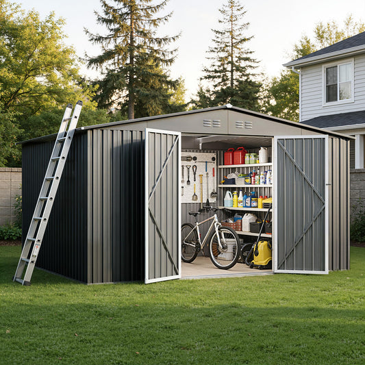 12 x 10FT Sheds & Outdoor Storage, Dark Grey Metal Waterproof Storage Shed with Door and Lock Outdoor Shed,All-Weather Shelter for Bike, Gardening Tools, Lawn Mowers
