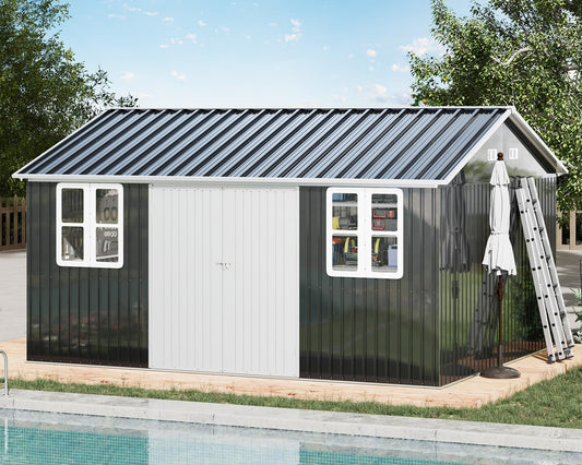 VanAcc 12 x 14FT Outdoor Storage Shed with a Lockable Hinged Door and 2 Windows, Nordic Cottage Metal Shed for Backyard, Garden, Patio, Dark Grey/White