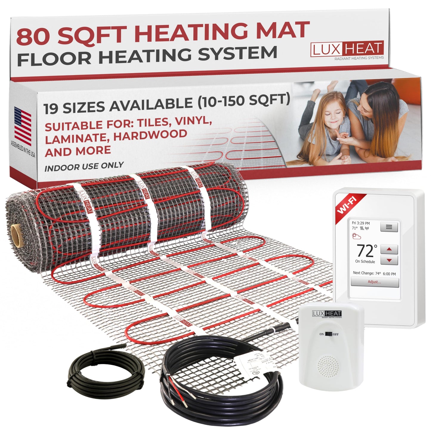 LuxHeat 80sqft Floor Heating Mat Kit - 120v Under Laminate & Tile Floor Heat Mat - Electric Radiant Heated Flooring System - Includes UWG4 WiFi Programmable Thermostat w/GFCI, Alarm & Sensor
