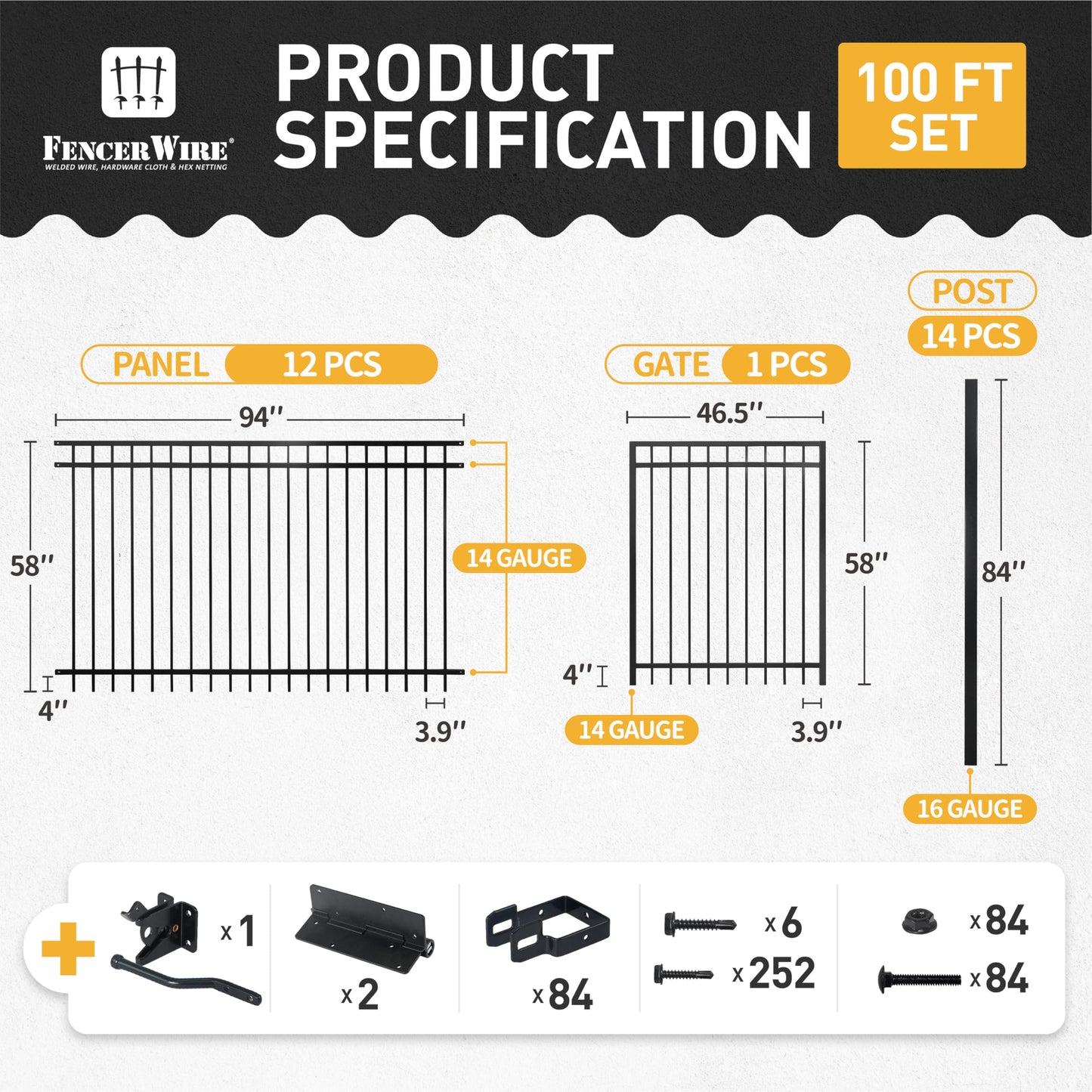 Fencer Wire 100FT Heavy Duty Flat Top Fence Barrier Kit, Anti-Rust Metal Steel Fence with 5FT Height X 8FT Width Panels, Gate, Posts, Connectors, Outdoor Fencing for Yard, Pool, Patio