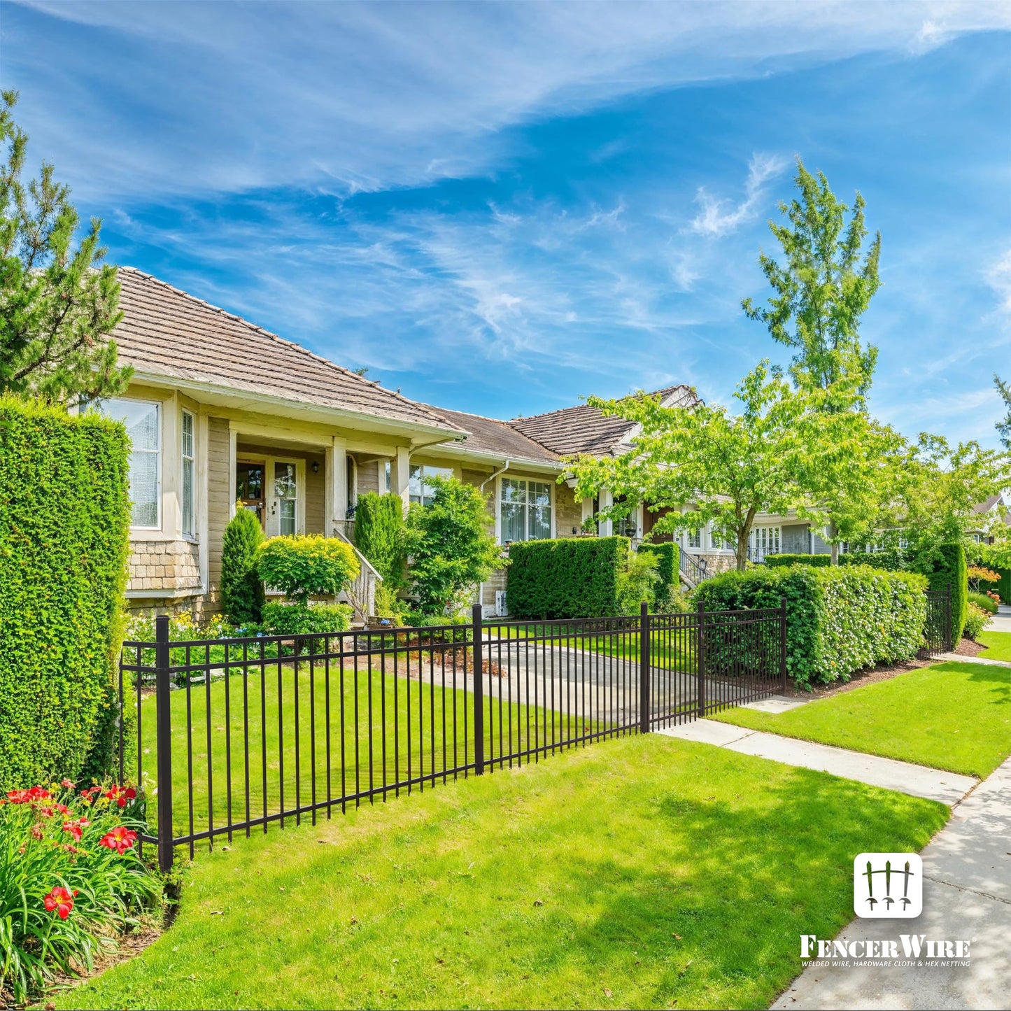 Fencer Wire 76FT Heavy Duty Flat Top Fence Barrier Kit, Anti-Rust Metal Steel Fence with 6FT Height X 8FT Width Panels, with Arched Gate, Posts, Connectors, Outdoor Fencing for Yard