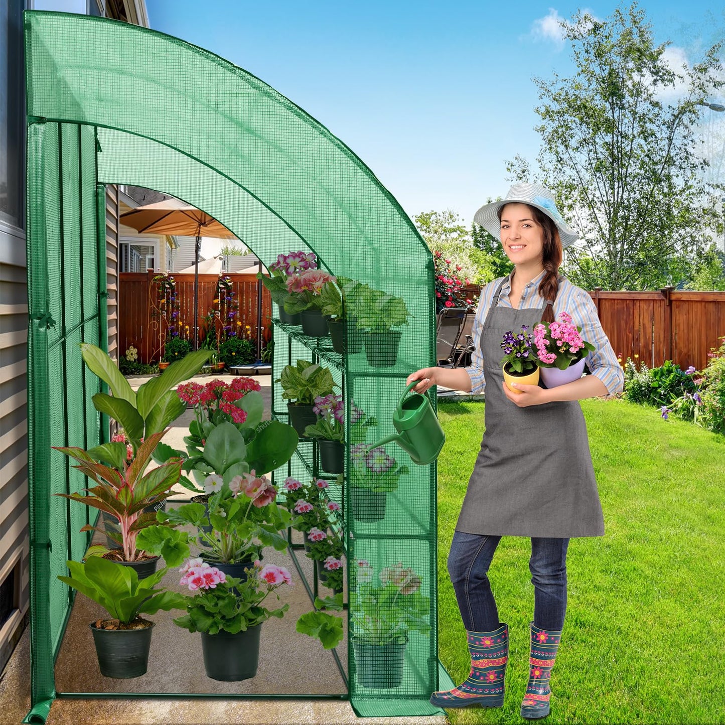 EAGLE PEAK 3 Tier Lean to Portable Greenhouse, Heavy-Duty Indoor & Outdoor Garden with Wire Shelves, 2 Roll-Up Zipper Doors, Easy Assembly, 120"x60"x84" Clear/Green PE Cover