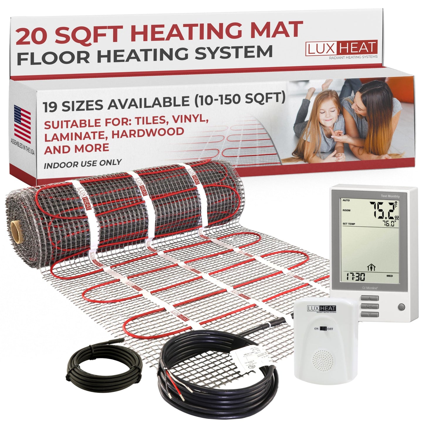 LuxHeat 20sqft Floor Heating Mat Kit – 120v Electric Radiant Under Floor Heating System – Heated Flooring System for Tile & Laminate - Includes UDG Programmable Thermostat w/GFCI, Alarm & Sensor