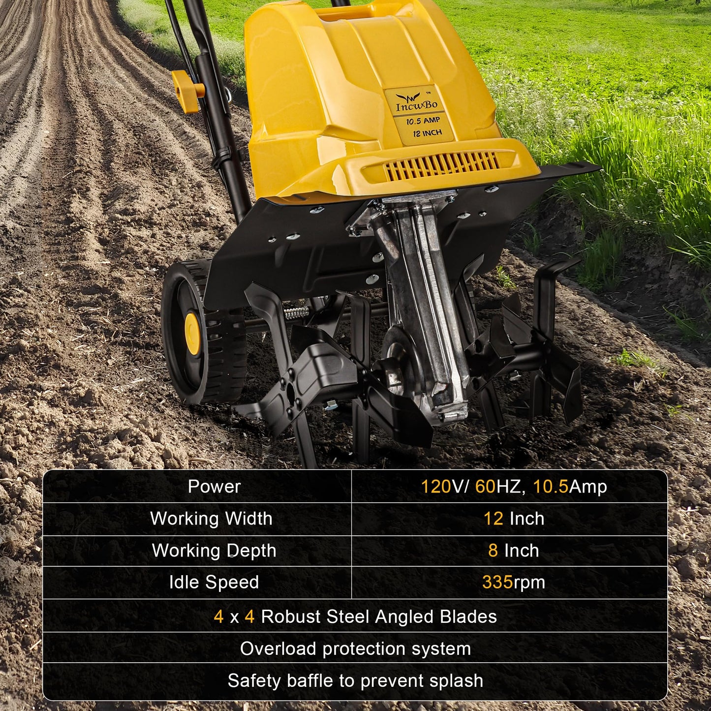 IncwBo Garden Rototiller 12-Inch 10.5-Amp Corded Electric Tiller/Cultivator, Adjustable Wheels, 8-Inch Tilling Depth, Powerful and Lightweight Tiller