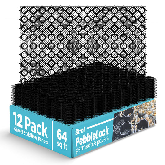 Strol PebbleLock Interlocking Permeable Paver Grid - Heavy-Duty Plastic Gravel Stabilizer Panels for Driveways, Parking Pads, Outdoor Flooring, Landscape Edging, Mud Control - 12-Pack (64 sq ft)