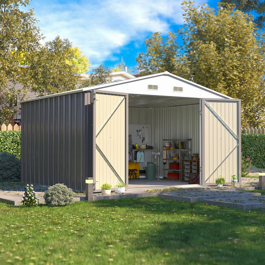 Patiowell 10x8 FT Storage Shed, Outdoor Metal Sheds with Lockable Door and Sloping Roof, Waterproof Outside Large Garden Tool Shed with Breathable Vents for Patio Lawn Backyard, Gray