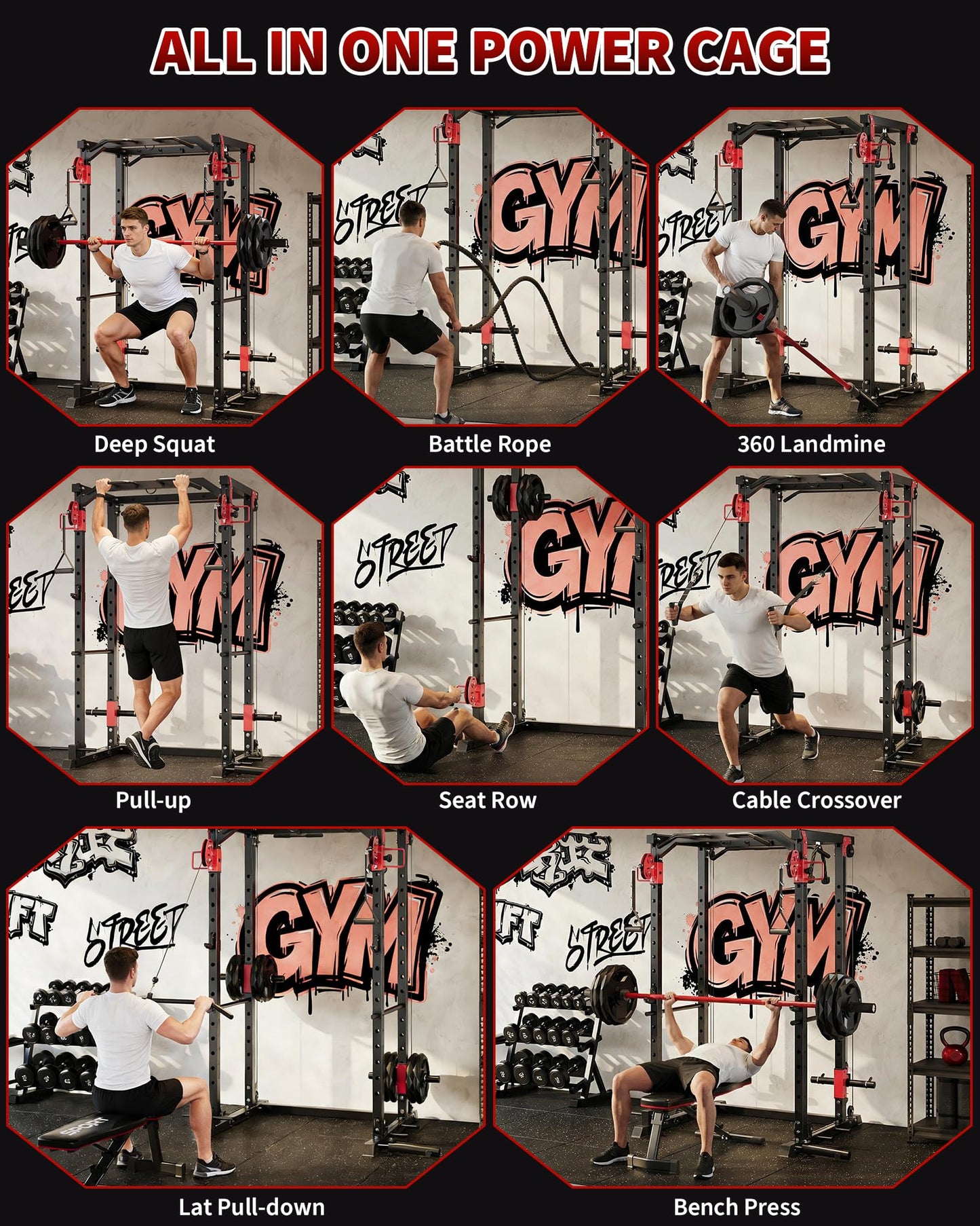 GarveeLife Power Cage, Power Rack with Cable Crossover System, 2000LBS Squat Rack with LAT Pull Down System, Workout Cage with Pulley System for Fitness Home Gym Strength Training(Red and Black)