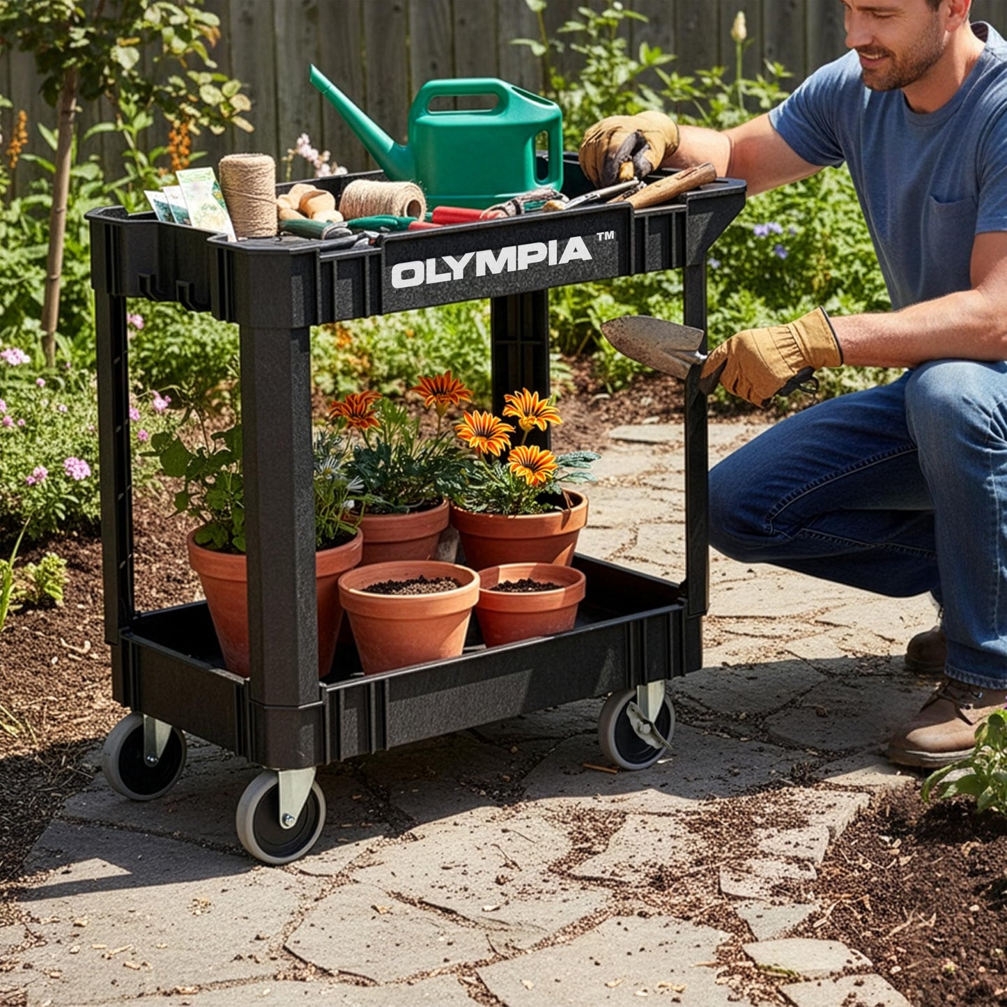 Olympia Tools 2 Tier Rolling Carts with Wheels – 500lbs Heavy Duty Utility Cart, Locking Swivel Wheels – Work Cart for Garage, Service & Industrial Use, Built-in Ruler