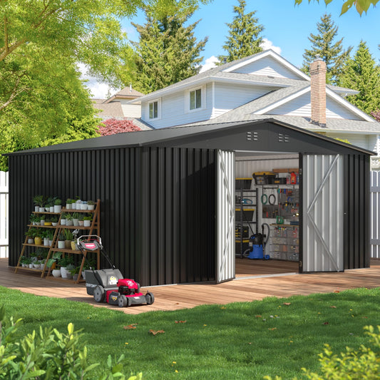 EASYHAWK 14x12 FT Outdoor Storage Shed, Metal Garden Shed with Lockable Door & Sloped Roof, Large Waterproof Utility Tool Shed for Backyard, Garden, Patio, Lawn, Black
