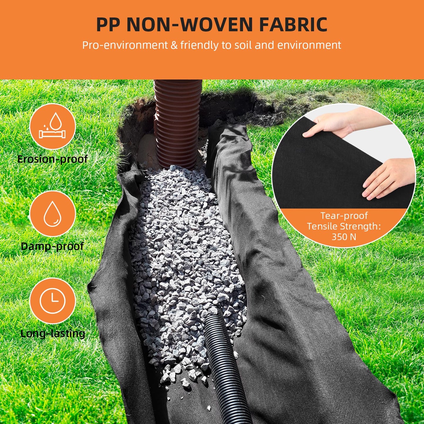 GarveeLife Geotextile Landscape, 6 ft x 300 ft & 6 oz Geotextile Fabric, PP Drainage 350N Tensile Strength & 440N Load Capacity, for Driveway & Road Stabilizationr, Erosion Control, French Drains