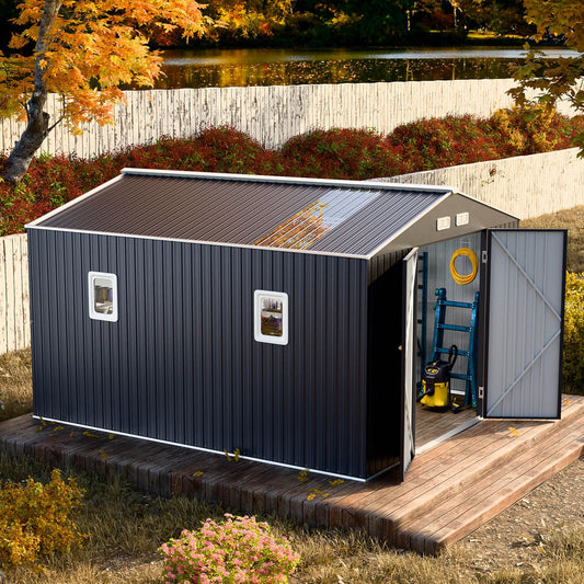 WELYAS 10x12 FT Outdoor Metal Storage Shed with Unique Floor Base Clear Roof Window Lockable Door Vent,Waterproof Heavy Duty Reinforced Frame Sheds for Yard Store Large Lawnmower Tool, Dark Grey