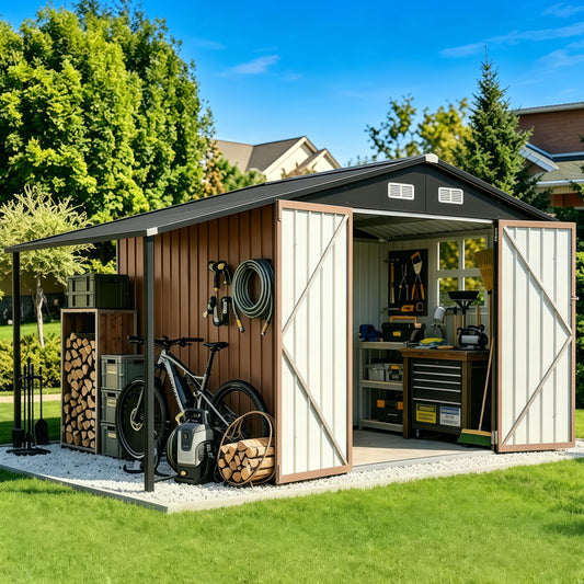 Aoxun 8x12 FT Outdoor Storage Shed Metal Sheds with Open Firewood Storage,Galvanized Steel Garden Shed with Lockable Doors,Sloped Roof,Windows, 2 in 1 Large Tool Shed for Patio, Backyard, Lawn (Brown)