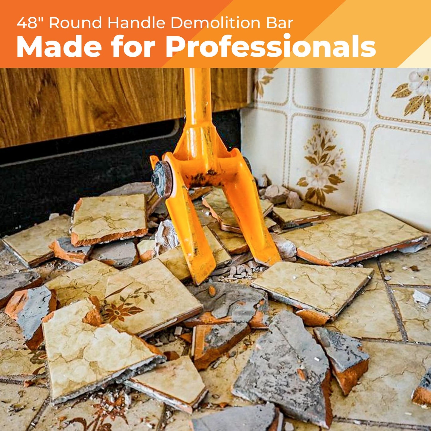 Gutster 48” Demolition Pry Bar & Crowbar – Round Handle Wrecking Bar for Ceiling & Wall Demo – Heavy Duty Nail Puller Tool for Contractors, Firefighters & Home Renovations