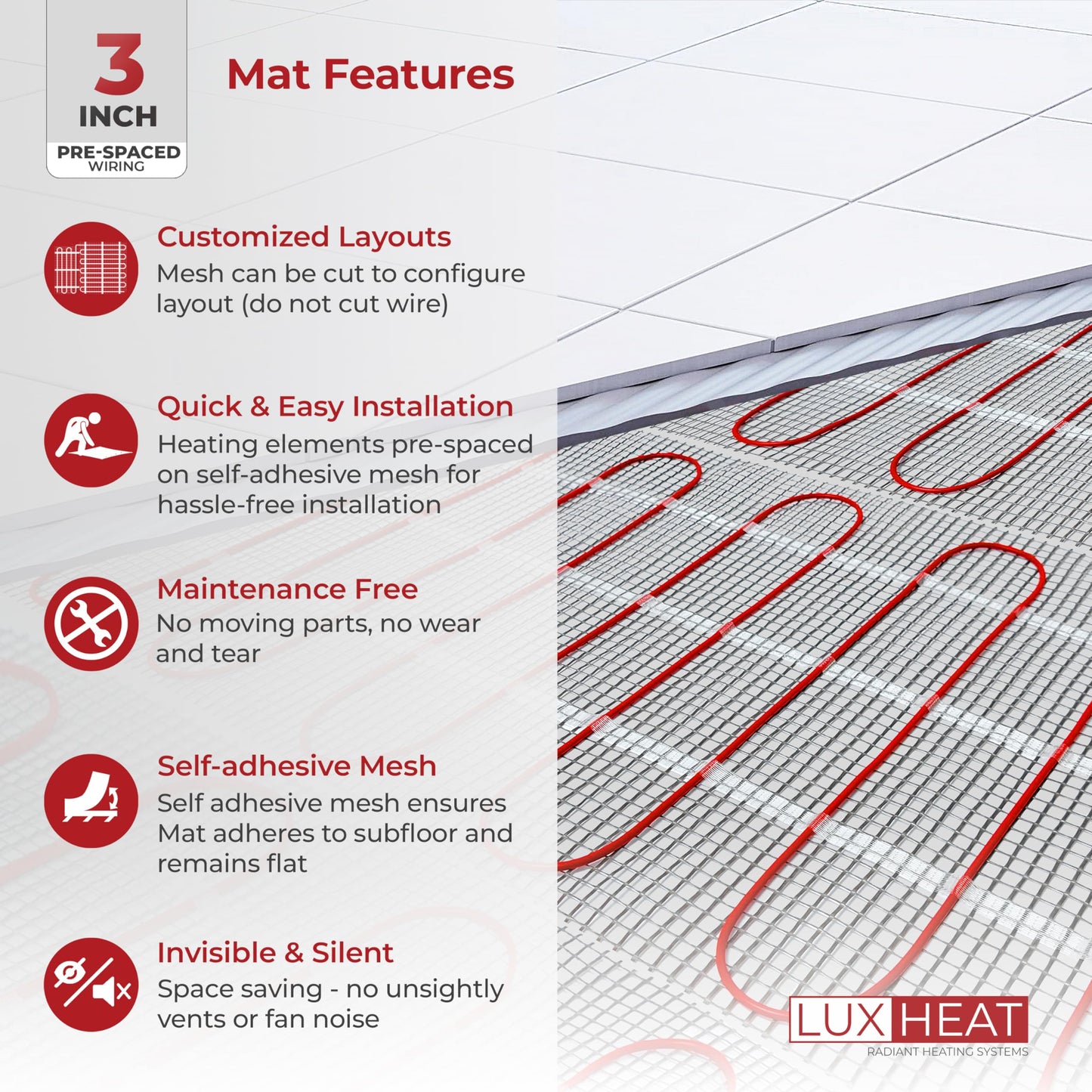 LuxHeat 130sqft Floor Heating Mat Kit – 120v Electric Radiant Heated Flooring System – Heated Flooring Under Tile & Laminate - Includes UDG Programmable Thermostat w/GFCI, Alarm & Sensor
