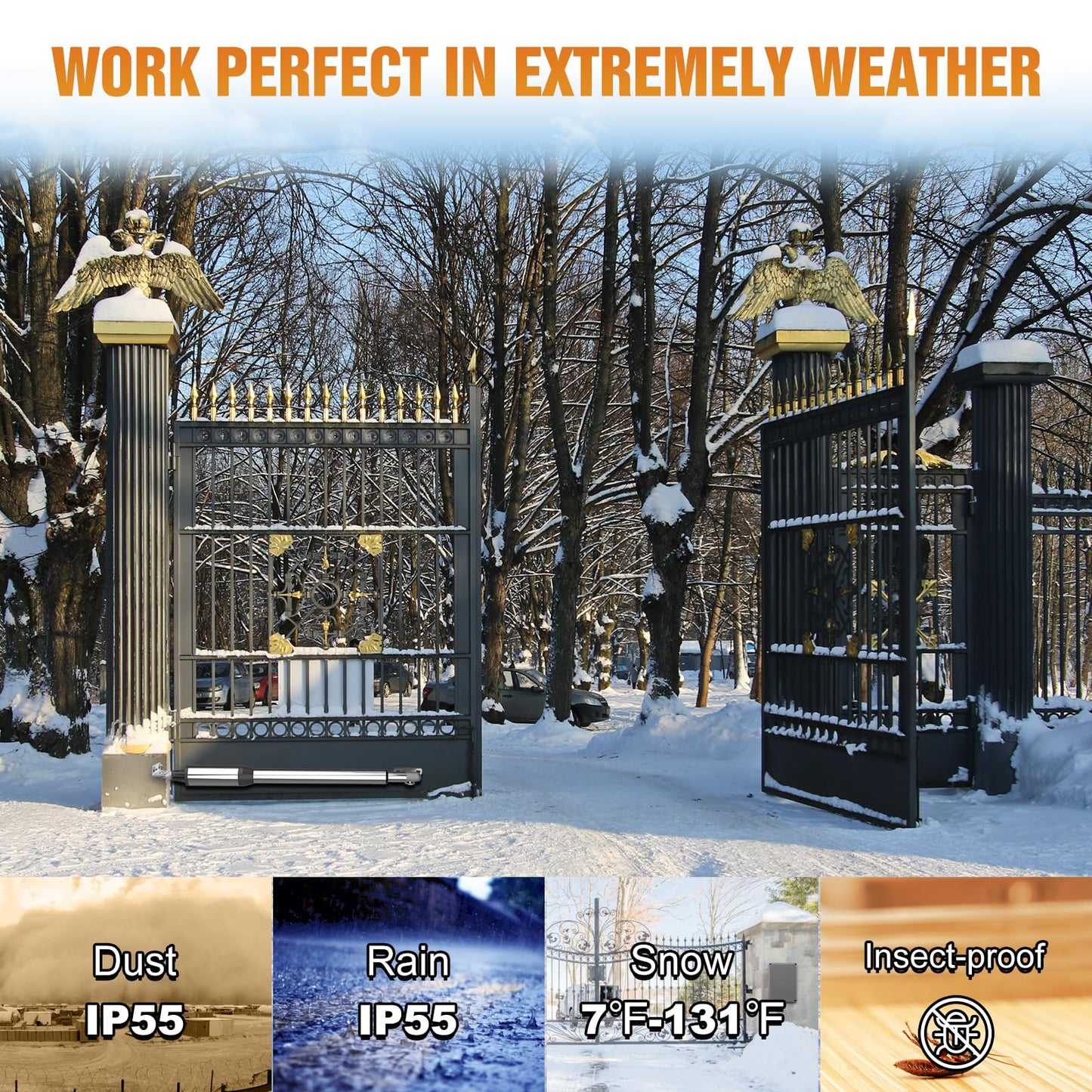 JUJIANG C01 Automatic Gate Opener with Remote Complete Kit for Swing Gate Up to 440lb 12FT per Arm, Electric Gate Openers Light Duty Dual Swing Gate Openers Automatic Gate Motor 40W AC Powered