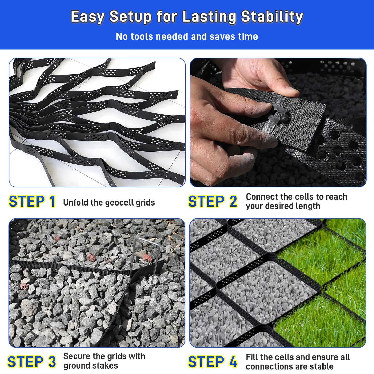 3" Thick Gravel Grid 49.5x6.5 FT, Geo Ground Grid with Connectors and Stakes, Geo Cell Gravel Retainer 1885 LBS Per Sq ft Stabilization System for Driveway DIY Patio Pavement Park Garden & Slope