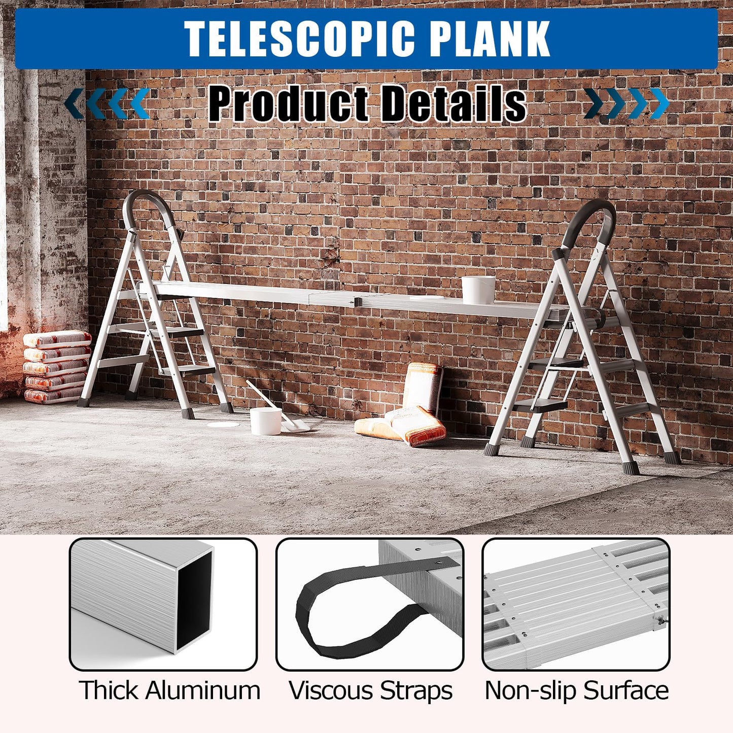 GAOMON Telescoping Work Plank, 6-9ft Aluminum Extension Plank, Telescoping Scaffolding Platform with Skid-Proof Platform, 440Lbs Capacity, Adjustable Work Platform Scaffold Ladder Accessory