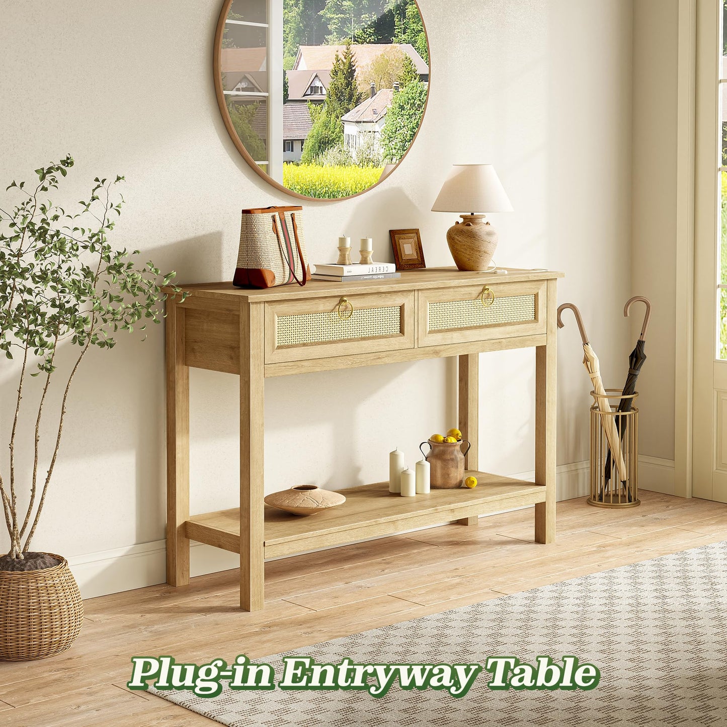 SUPERJARE Rattan Console Sofa Table with Outlets and USB-C Port, 2 Drawer Entryway Table with Synthetic Rattan Surface, 39 Inch, Open Shelf, Behind Couch Entry Foyer Hallway Storage, Natural